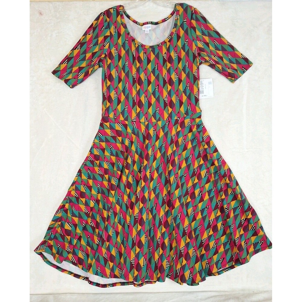 LuLaRoe Nicole Dress Womens 2XL Colorful Geometric Fit & Flare Stretch Midi Plus